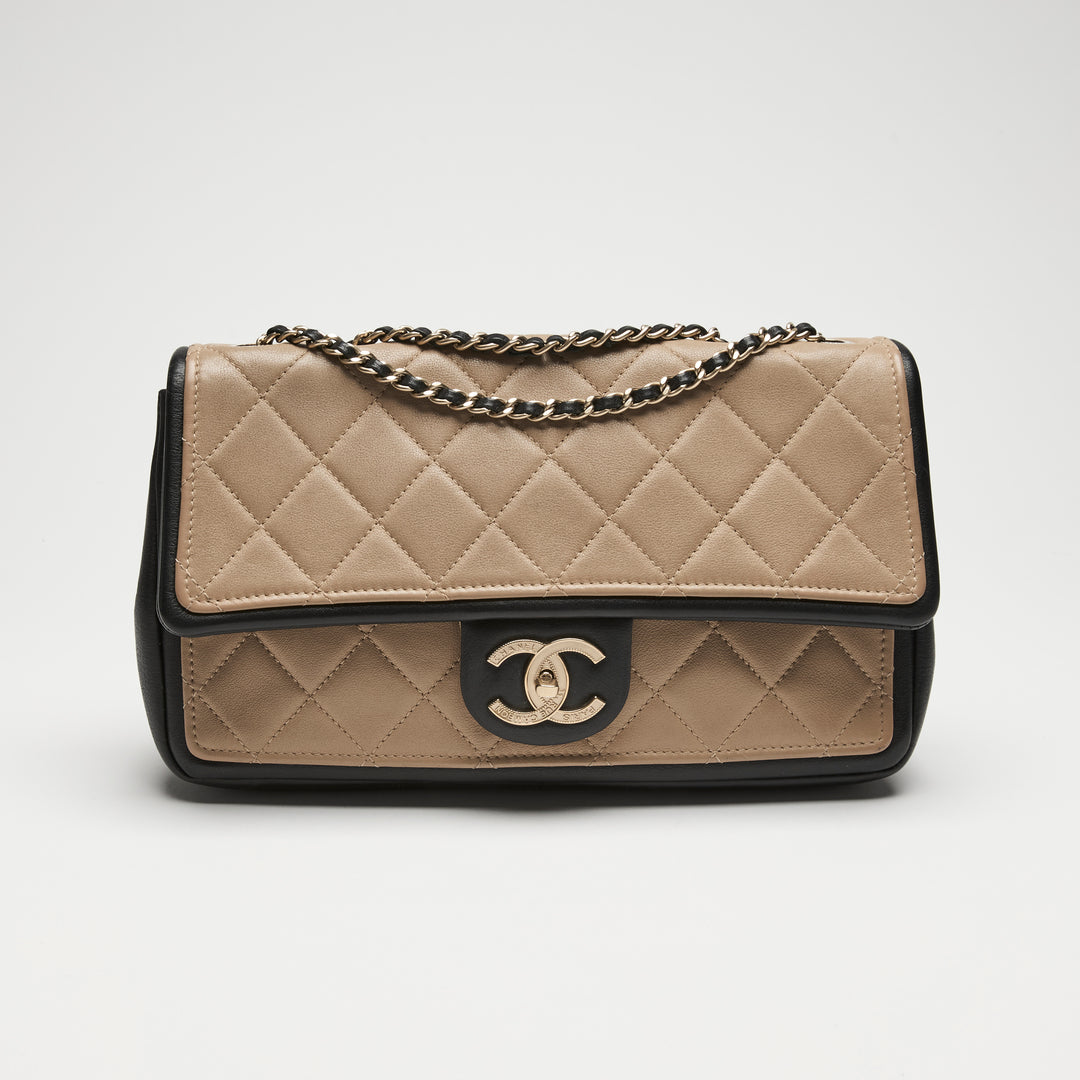 Pre-Loved Chanel™ Beige & Black Quilted Calfskin Leather Medium Graphic Flap Bag