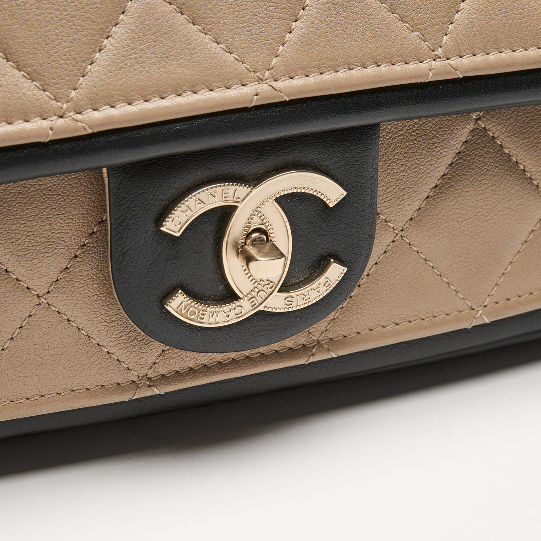 Pre-Loved Chanel™ Beige & Black Quilted Calfskin Leather Medium Graphic Flap Bag