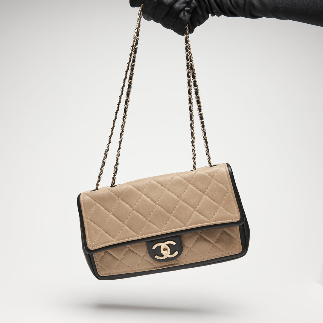Pre-Loved Chanel™ Beige & Black Quilted Calfskin Leather Medium Graphic Flap Bag