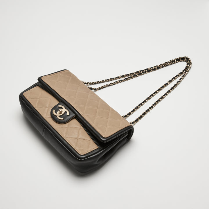Pre-Loved Chanel™ Beige & Black Quilted Calfskin Leather Medium Graphic Flap Bag