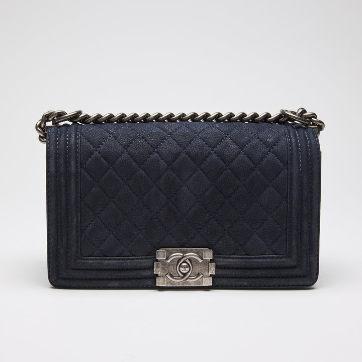 Pre-Loved Chanel™ Navy Blue Suede Medium Boy Bag