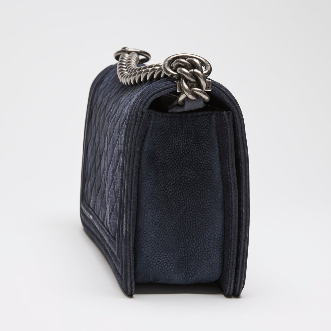 Pre-Loved Chanel™ Navy Blue Suede Medium Boy Bag