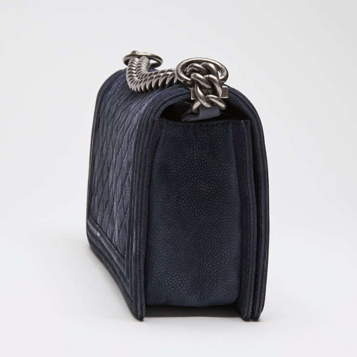 Pre-Loved Chanel™ Navy Blue Suede Medium Boy Bag