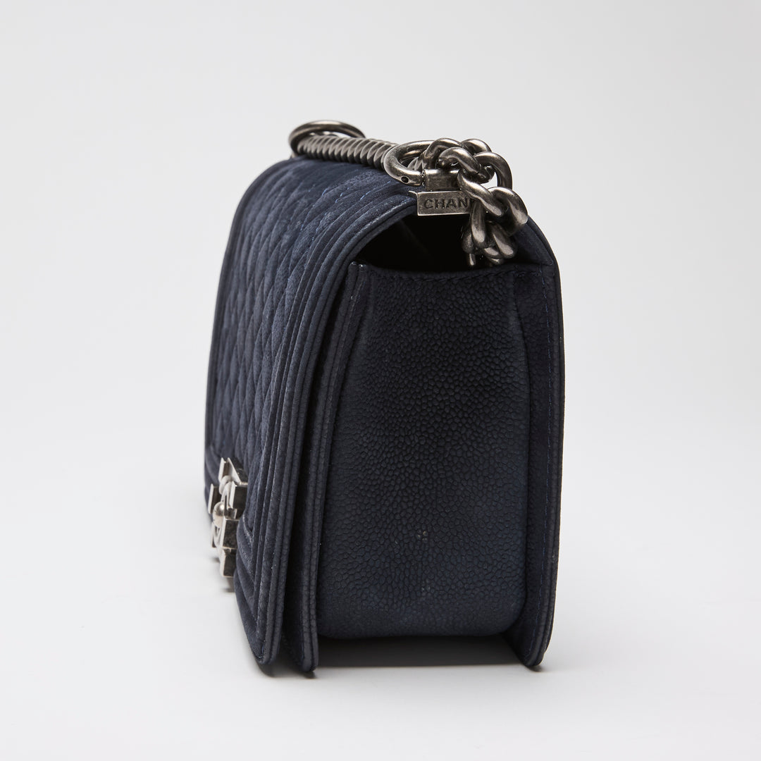 Pre-Loved Chanel™ Navy Blue Suede Medium Boy Bag