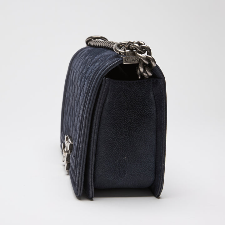 Pre-Loved Chanel™ Navy Blue Suede Medium Boy Bag