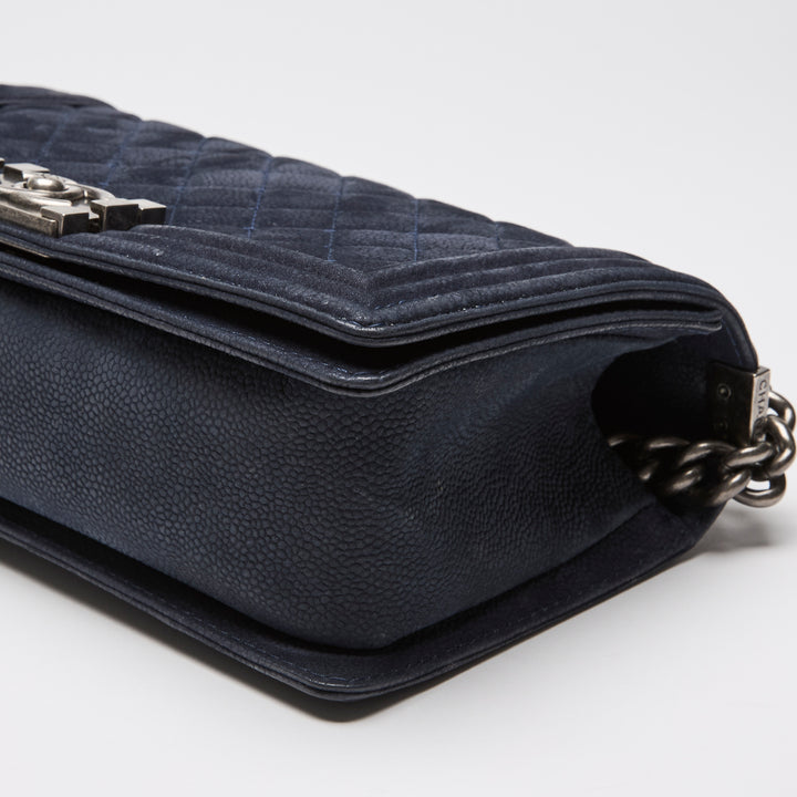 Pre-Loved Chanel™ Navy Blue Suede Medium Boy Bag