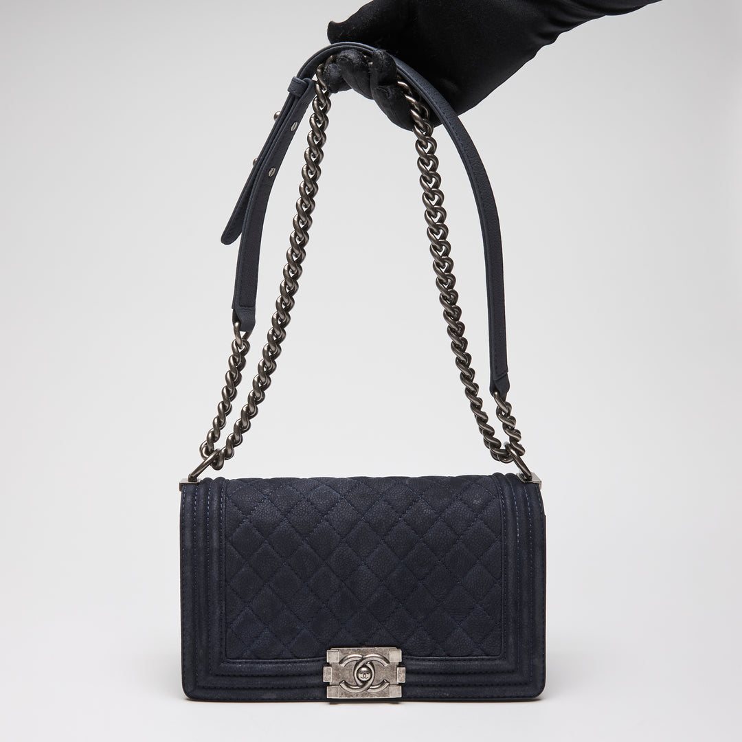 Pre-Loved Chanel™ Navy Blue Suede Medium Boy Bag