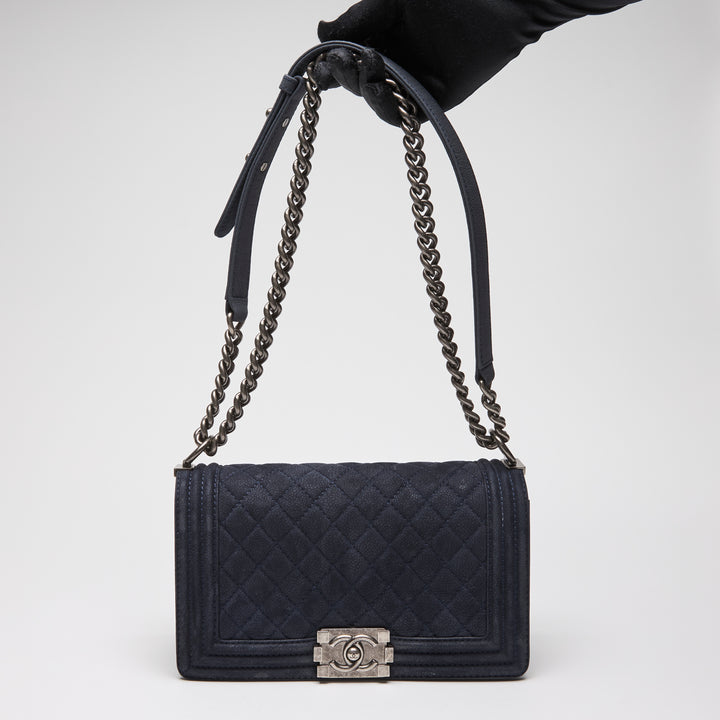 Pre-Loved Chanel™ Navy Blue Suede Medium Boy Bag