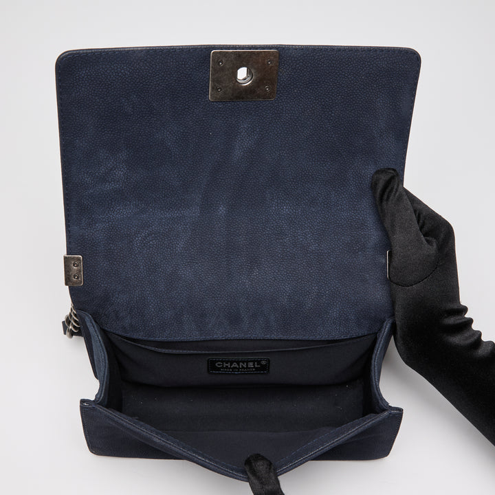 Pre-Loved Chanel™ Navy Blue Suede Medium Boy Bag
