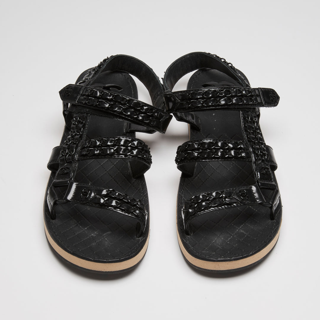 Pre-Loved Chanel™ Black High Gloss Leather Dad Sandals with Chain Detail Size 41