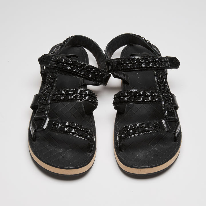 Pre-Loved Chanel™ Black High Gloss Leather Dad Sandals with Chain Detail Size 41