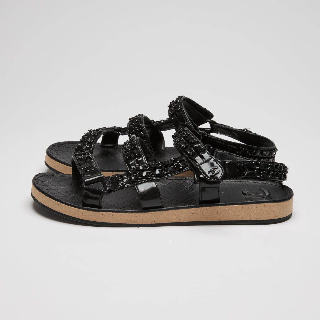 Pre-Loved Chanel™ Black High Gloss Leather Dad Sandals with Chain Detail Size 41