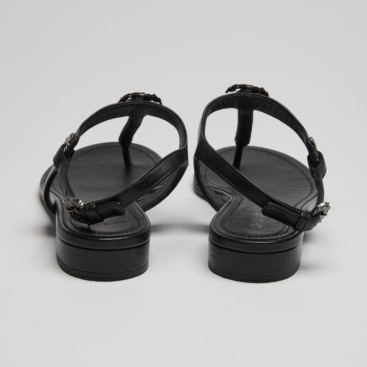Pre-Loved Chanel™ Black Calf Leather Sandals with Floral Detail Size 38