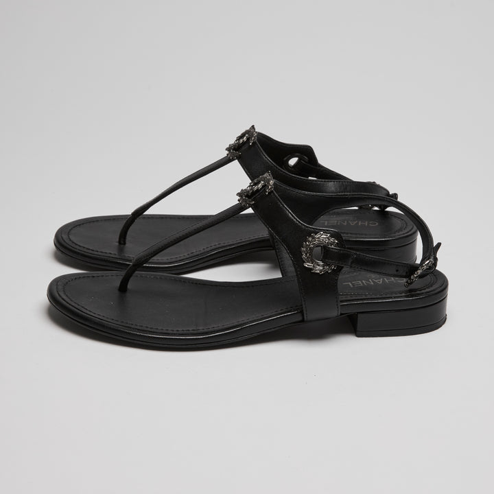 Pre-Loved Chanel™ Black Calf Leather Sandals with Floral Detail Size 38