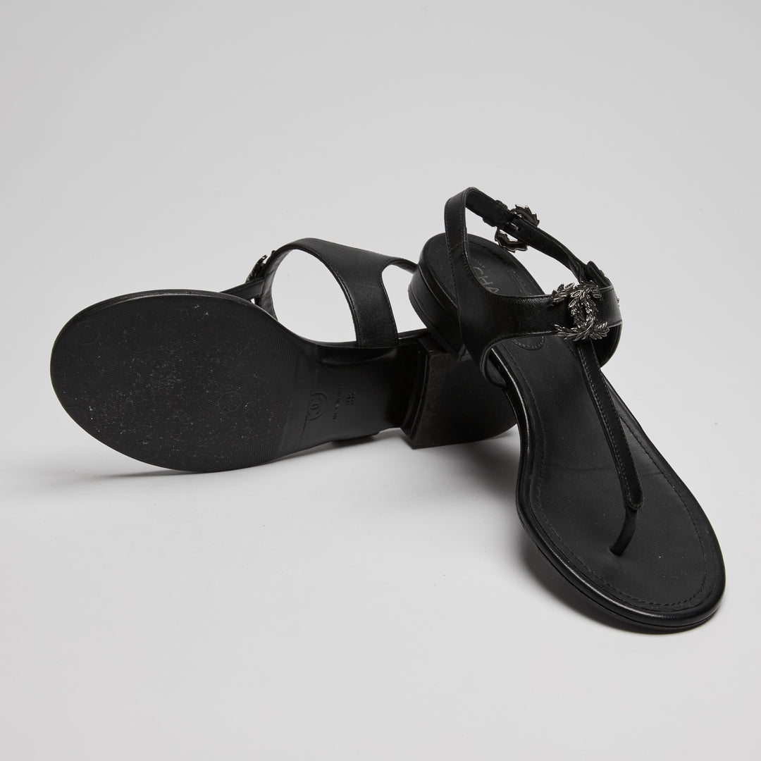 Pre-Loved Chanel™ Black Calf Leather Sandals with Floral Detail Size 38