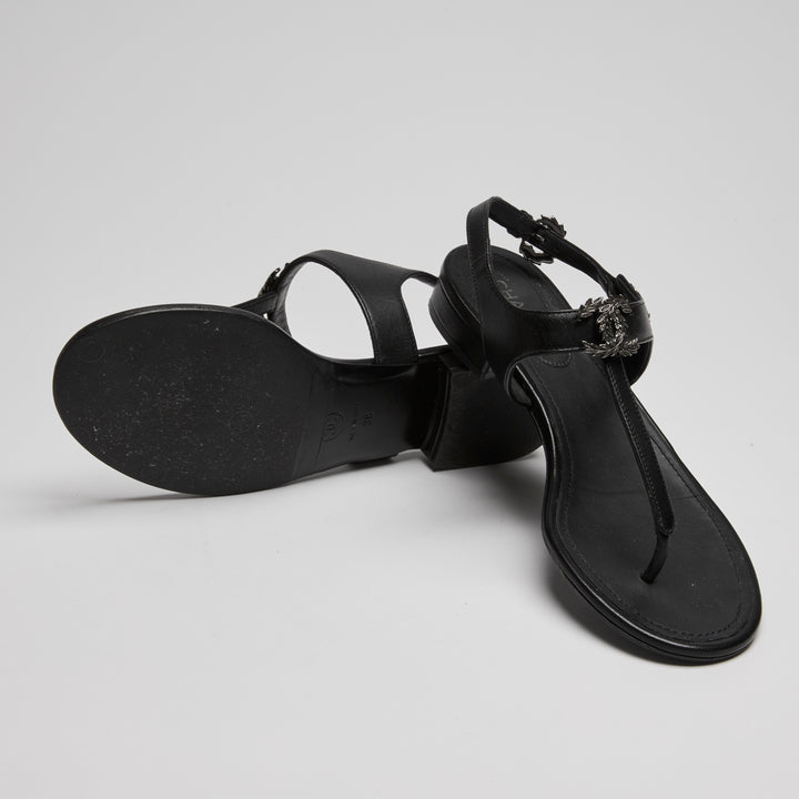 Pre-Loved Chanel™ Black Calf Leather Sandals with Floral Detail Size 38