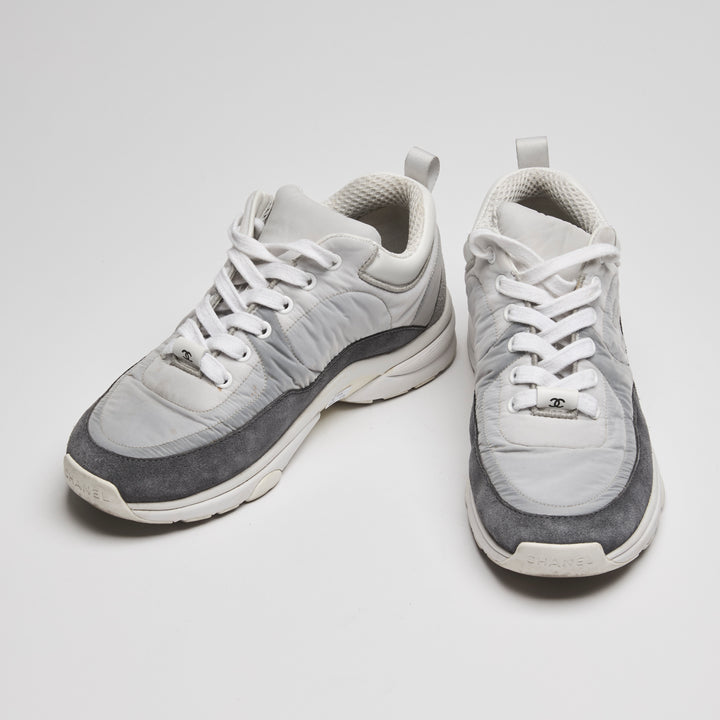 Pre-Loved Chanel™ White & Grey Nylon Suede Sneakers Size 35.5