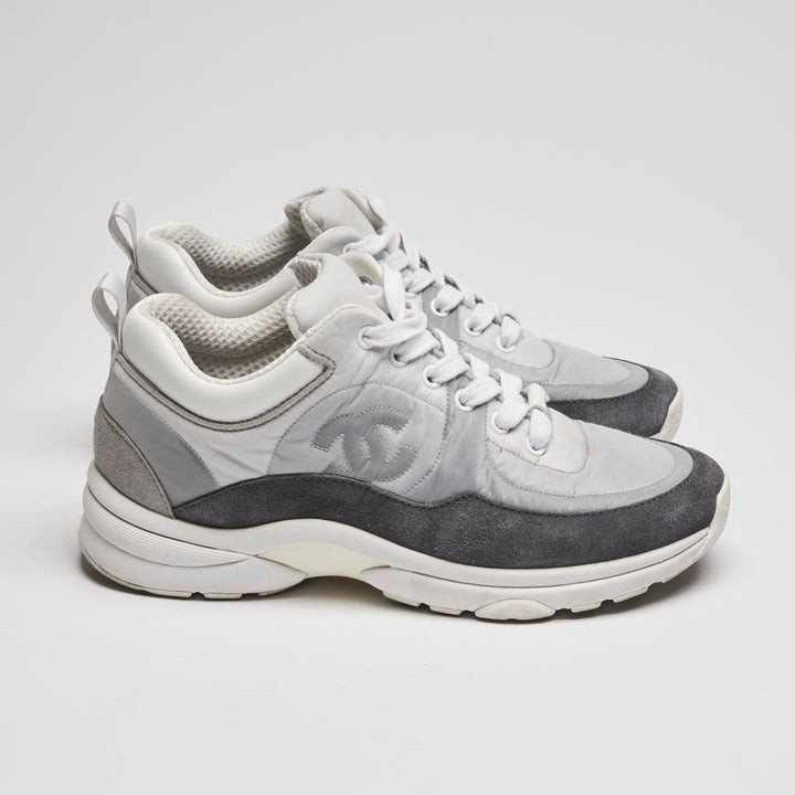 Pre-Loved Chanel™ White & Grey Nylon Suede Sneakers Size 35.5
