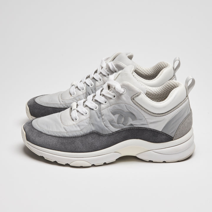 Pre-Loved Chanel™ White & Grey Nylon Suede Sneakers Size 35.5