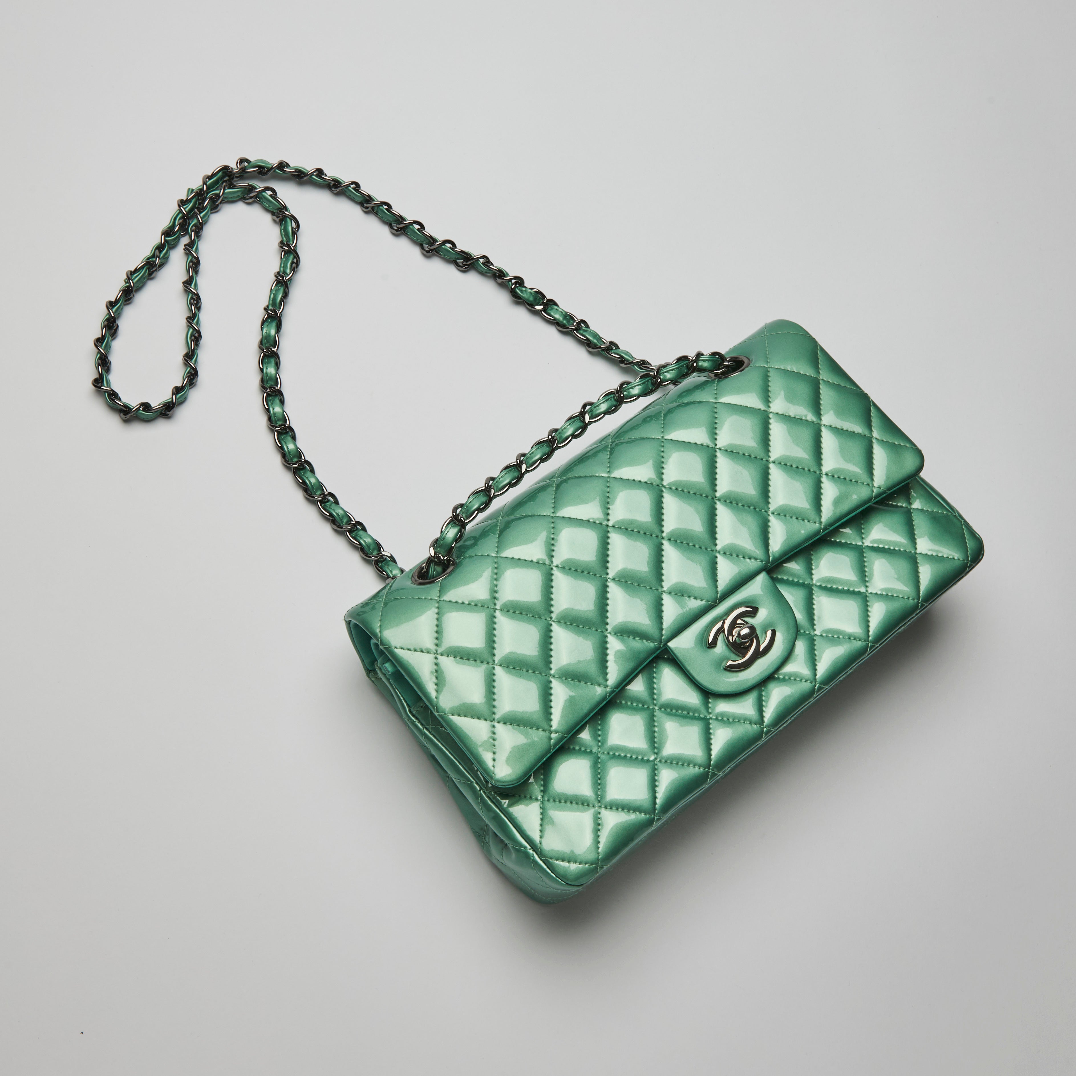 Chanel Mint Green Quilted Patent Leather Flap Bag with Silver, Lot #15172