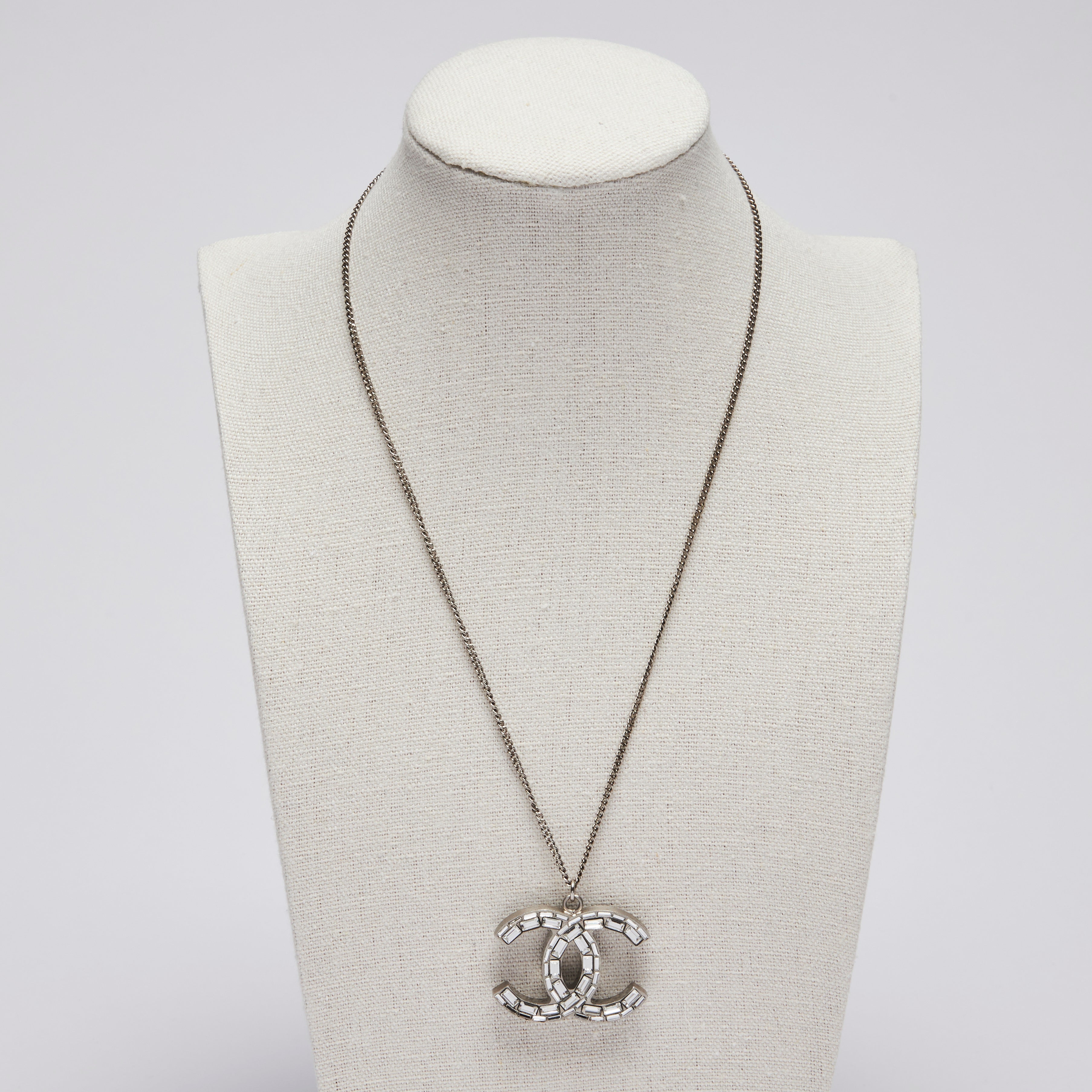 CHANEL Crystal Camellia Logo Necklace Silver 