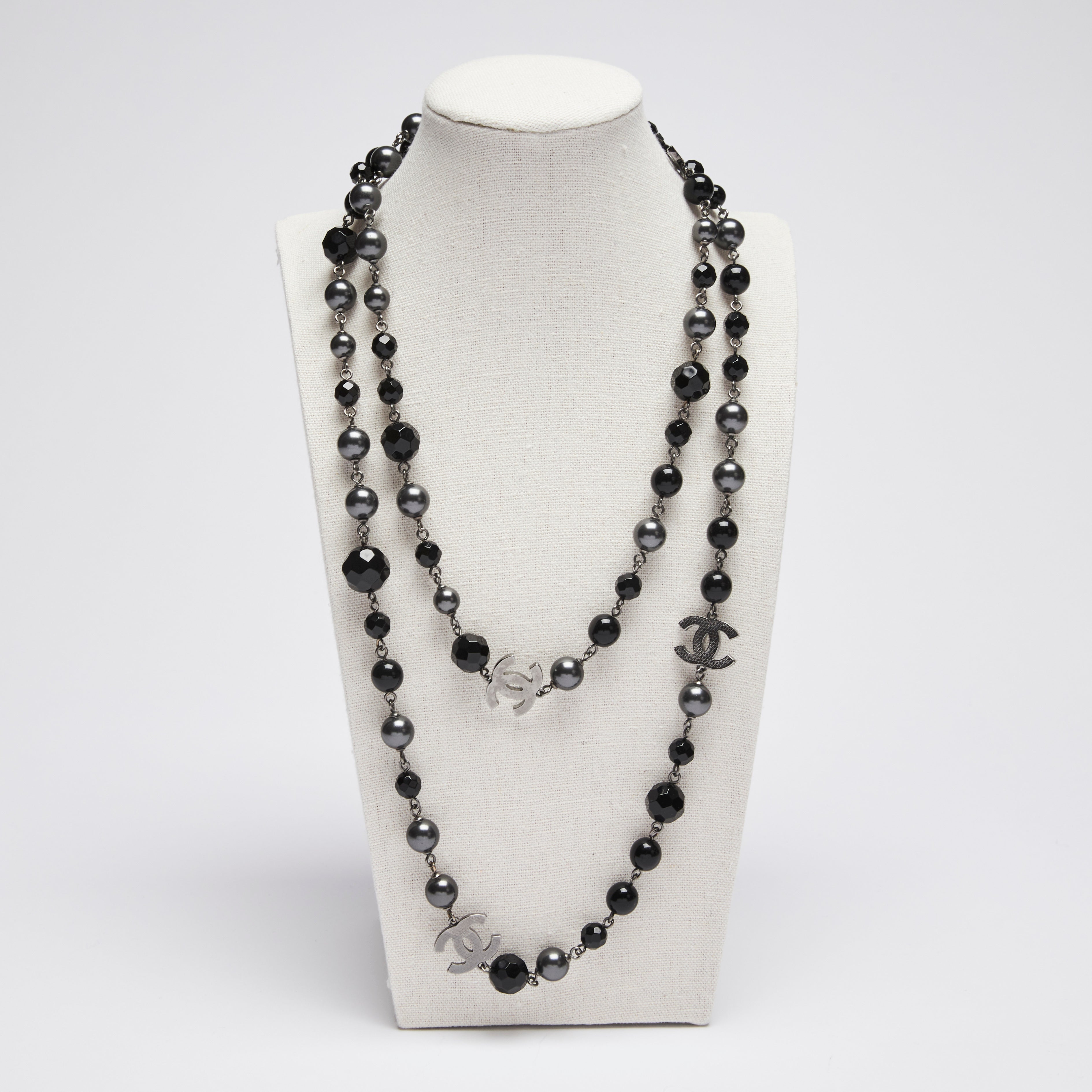 Chanel Black Bead and Pearl Dark Silver Long Necklace