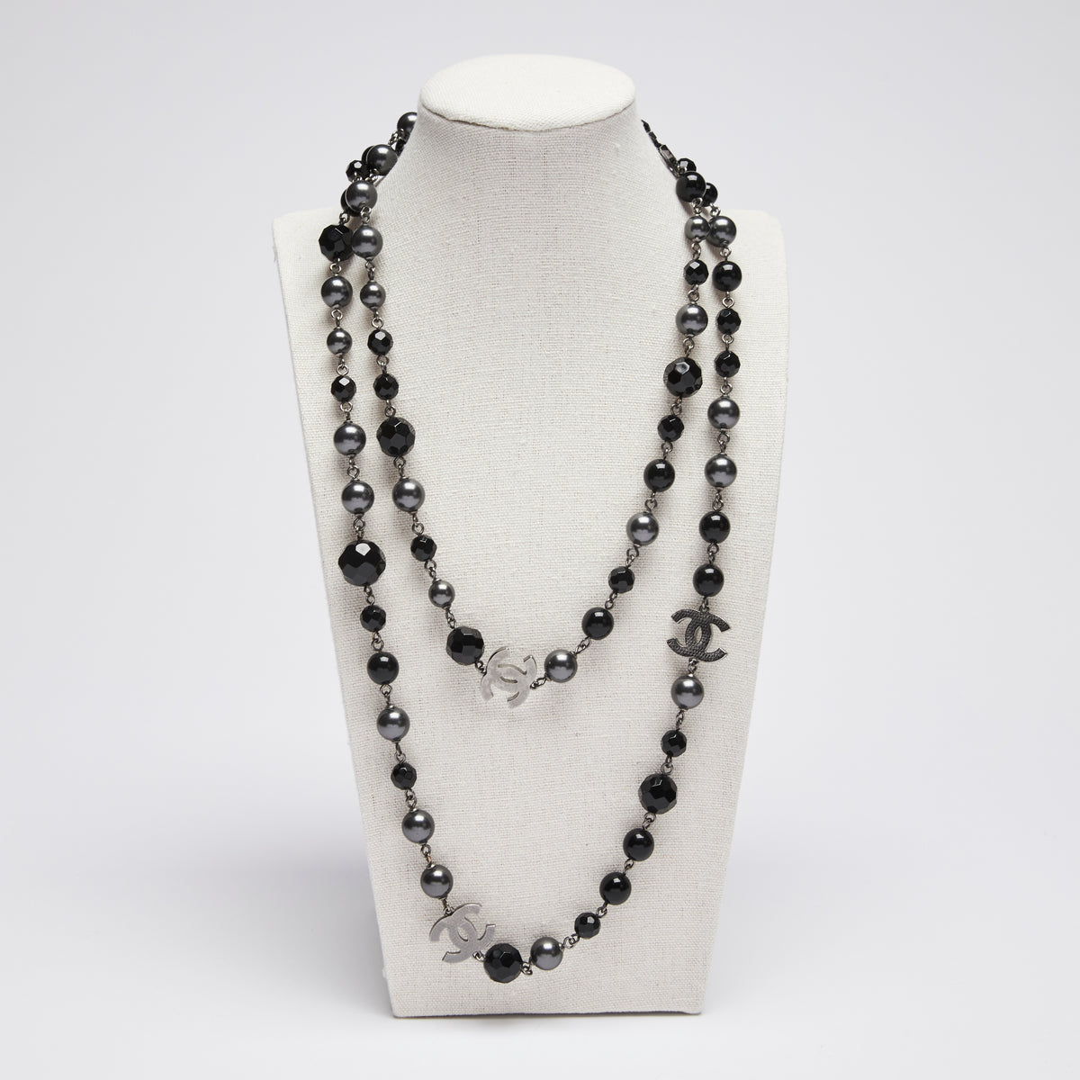 Chanel Black Bead and Pearl Dark Silver Long Necklace