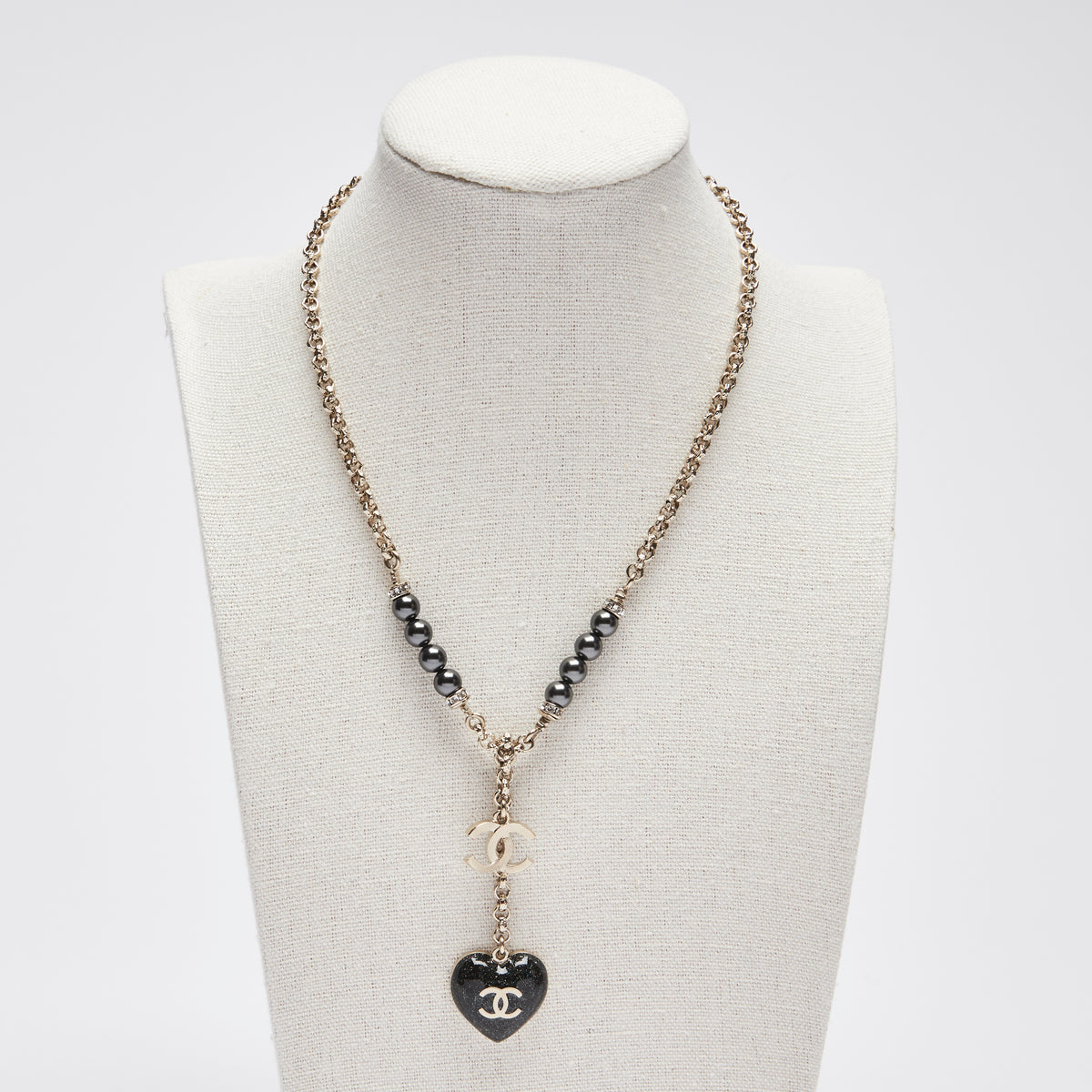 Chanel Black Glittered Enamel and Crystal Heart Pendant Necklace