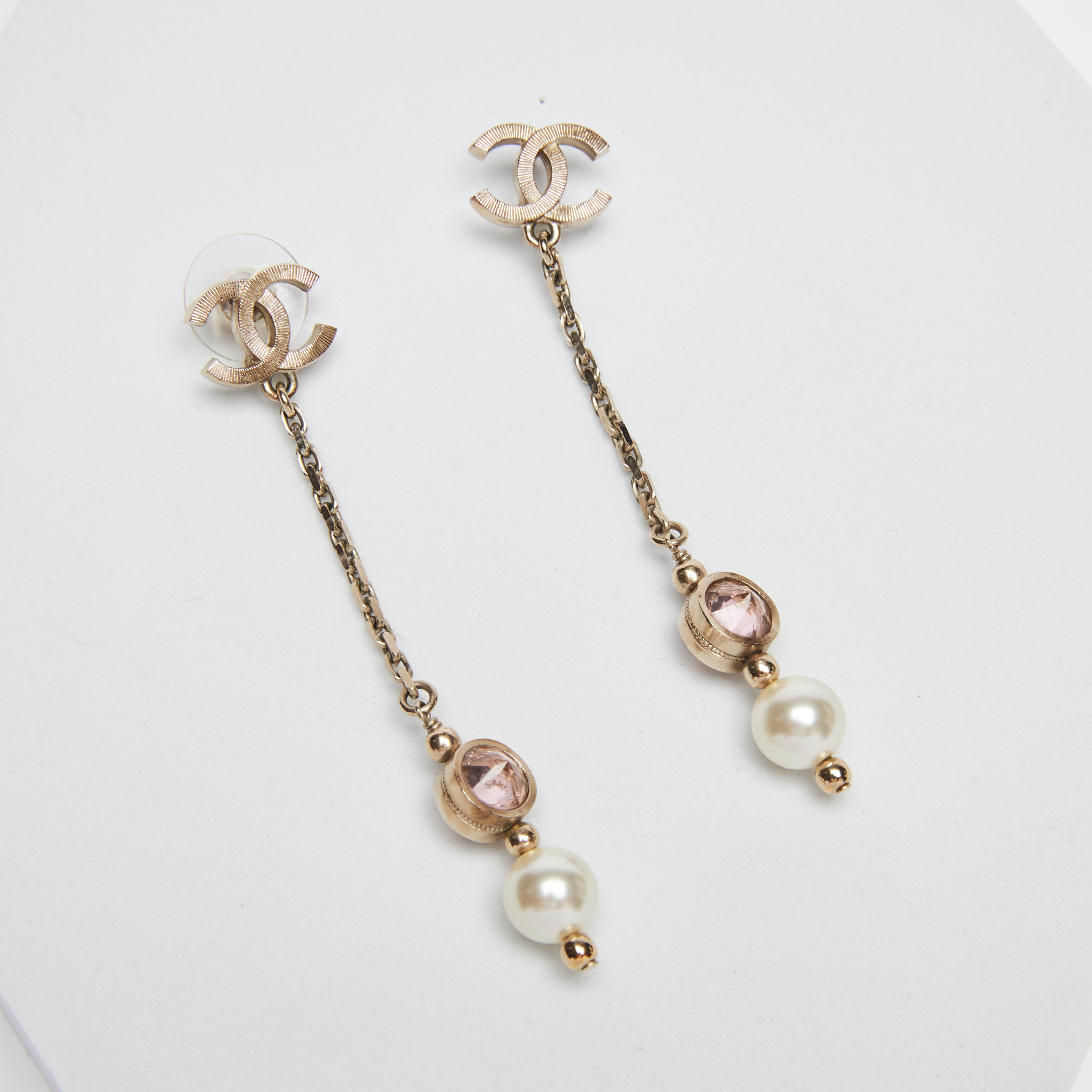 Chanel Pink Crystal and Pearl Drop Earrings