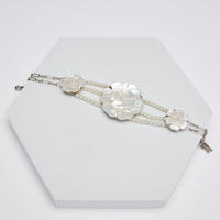 Excellent Pre-Loved Mother of Pearl 3 Camellia Bracelet with Glass Pearls.(front)