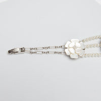 Excellent Pre-Loved Mother of Pearl 3 Camellia Bracelet with Glass Pearls.(clasp)