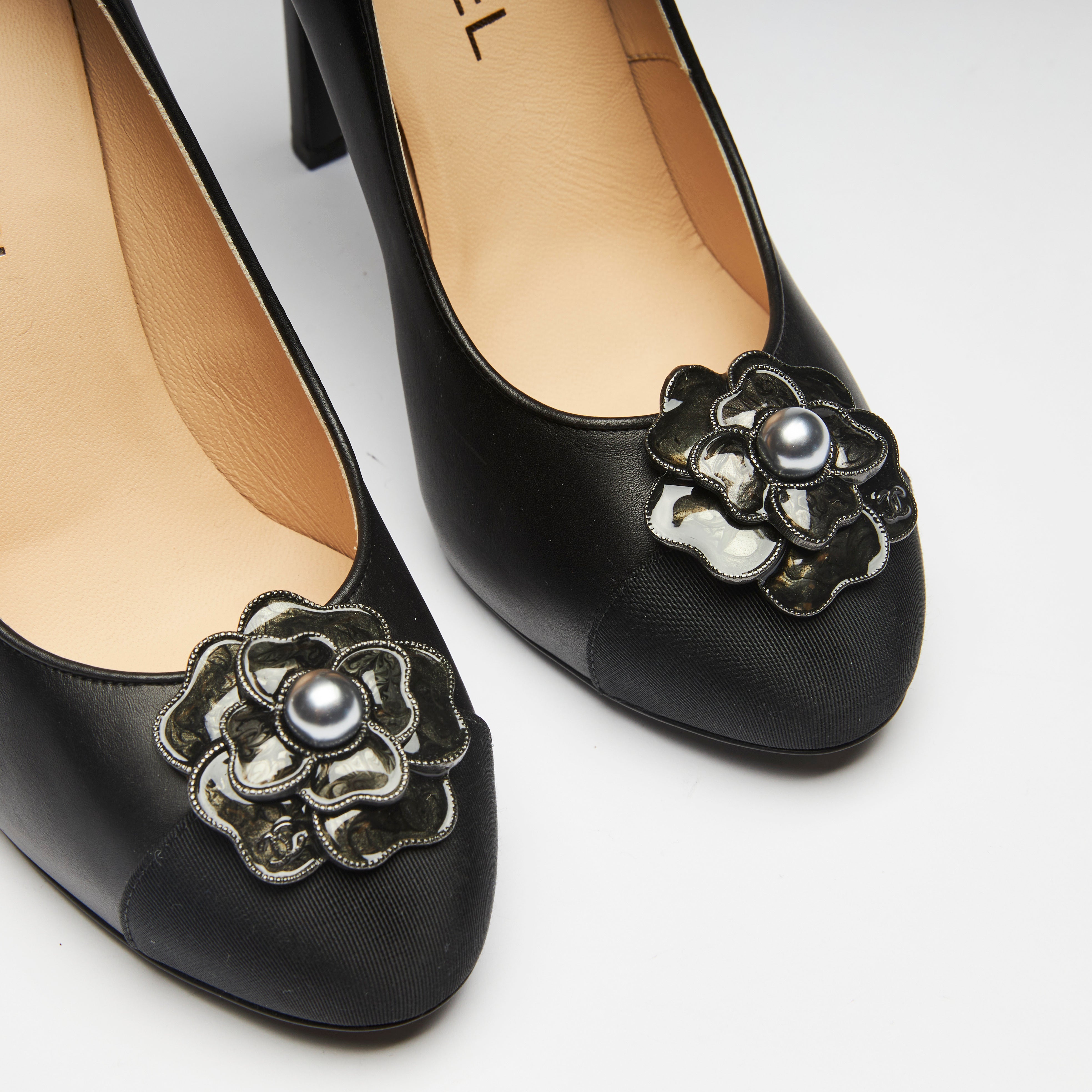 Chanel Black Round Toe Heels with Camellia | Luxury Finds Consignment
