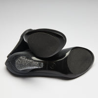 Excellent Pre-Loved Black Satin Round Toe Pumps with Black Strass Ornate Heel. (bottom)