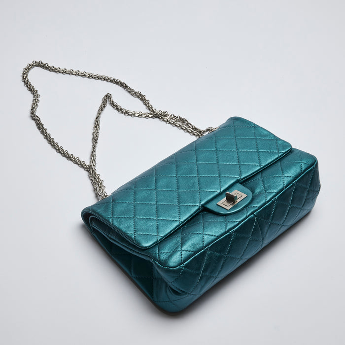 Excellent Pre-Loved Teal Metallic Leather Large Double Flap Bag with Ruthenium Bijou Chain and Turn Lock.(front)