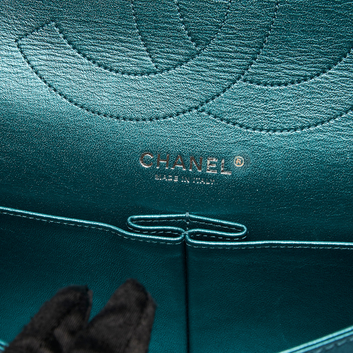 Excellent Pre-Loved Teal Metallic Leather Large Double Flap Bag with Ruthenium Bijou Chain and Turn Lock. (logo)