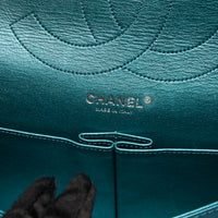 Excellent Pre-Loved Teal Metallic Leather Large Double Flap Bag with Ruthenium Bijou Chain and Turn Lock. (logo)