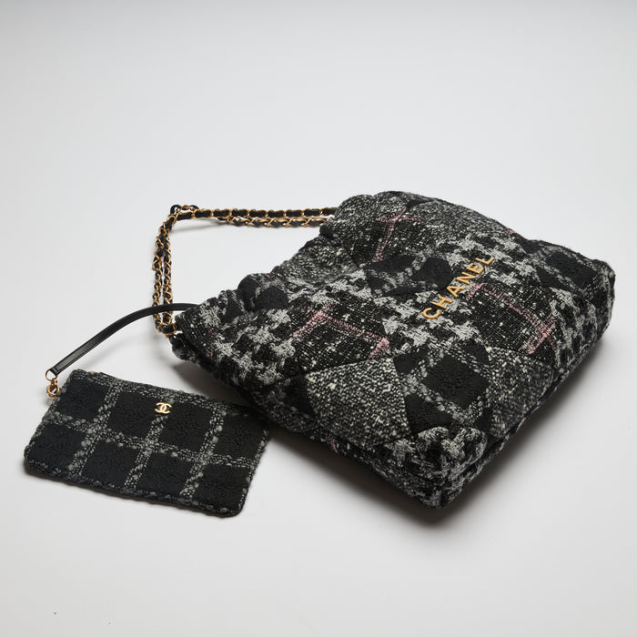 Excellent Pre-Loved Black/Grey/Pink/Gold Thin Threaded Tweed Quilting Double Chained Draw String Bag with Removable Pouch. (flat lay)
