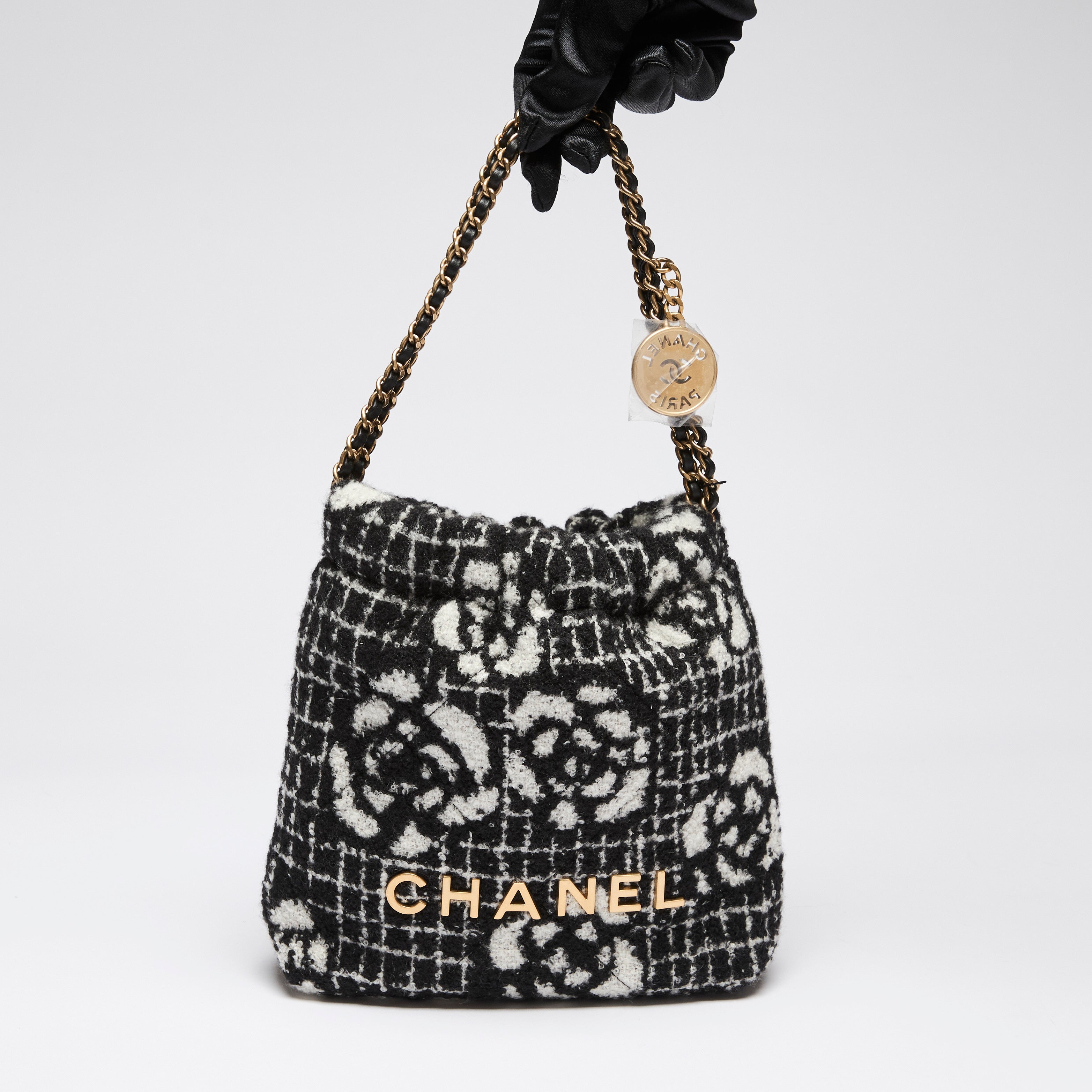 Pre Loved Chanel Camellia Wool Tweed Mini 22 Hobo Bag Luxury Finds Consignment