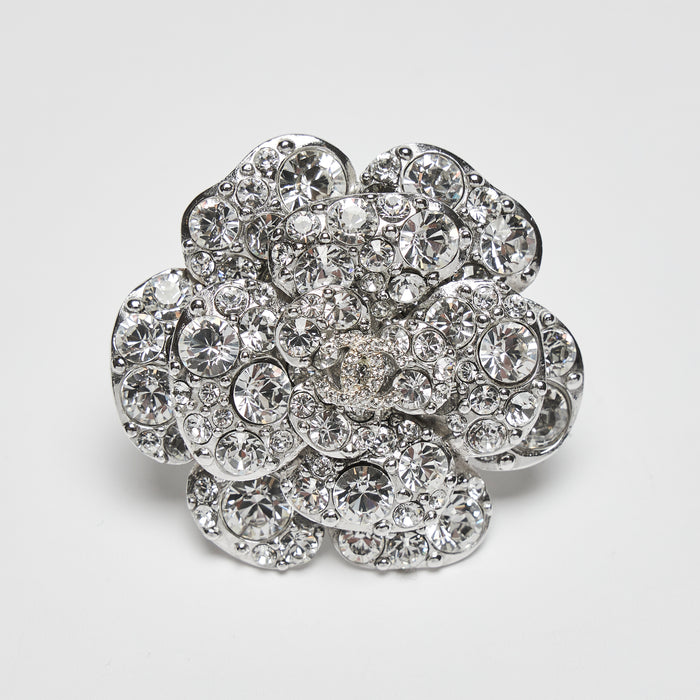 Excellent Pre-Loved Silver Toned Oversized Camellia Brooch with White Crystals. (front)