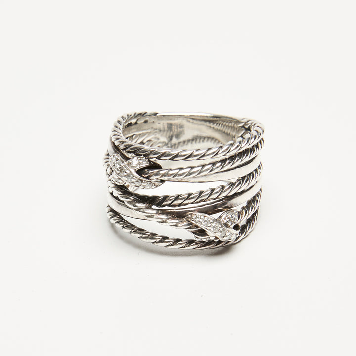 David Yurman Sterling Silver Double X Crossover Pave Diamonds Ring Size 7