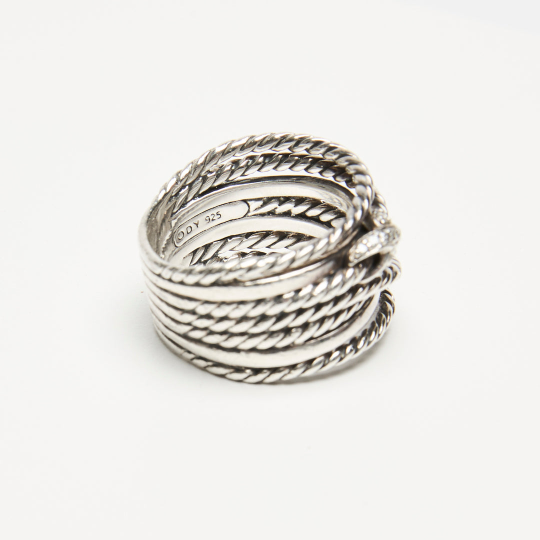 David Yurman Sterling Silver Double X Crossover Pave Diamonds Ring Size 7