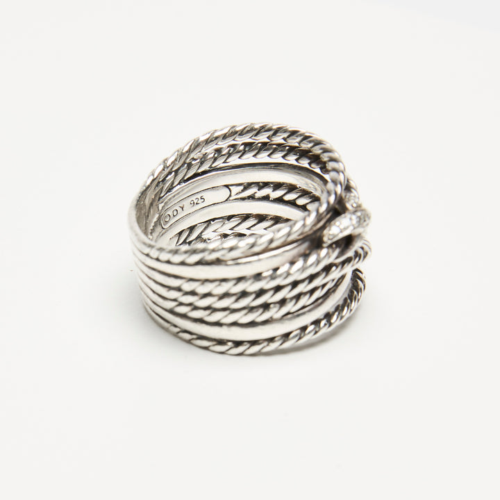 David Yurman Sterling Silver Double X Crossover Pave Diamonds Ring Size 7