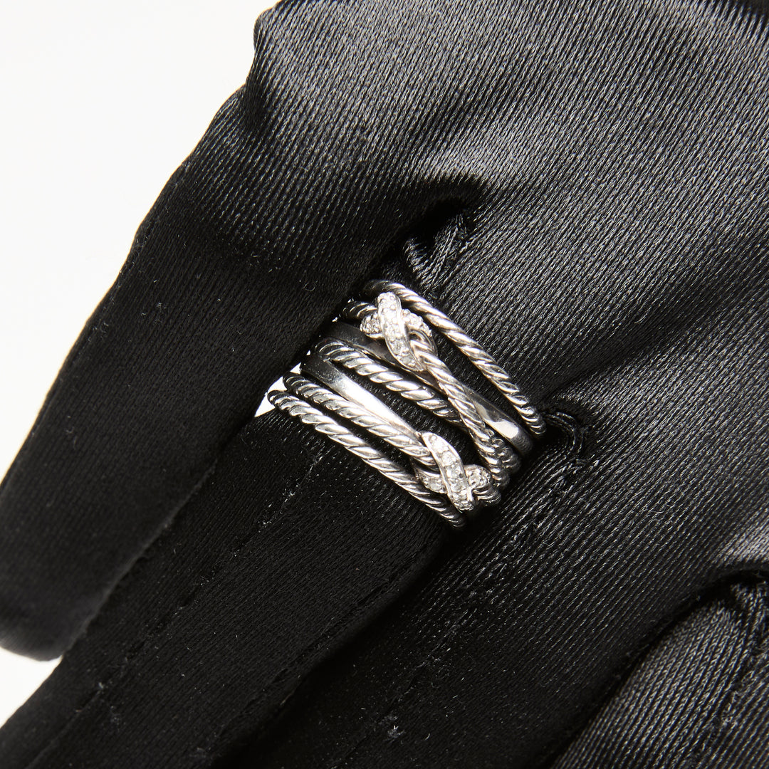 David Yurman Sterling Silver Double X Crossover Pave Diamonds Ring Size 7