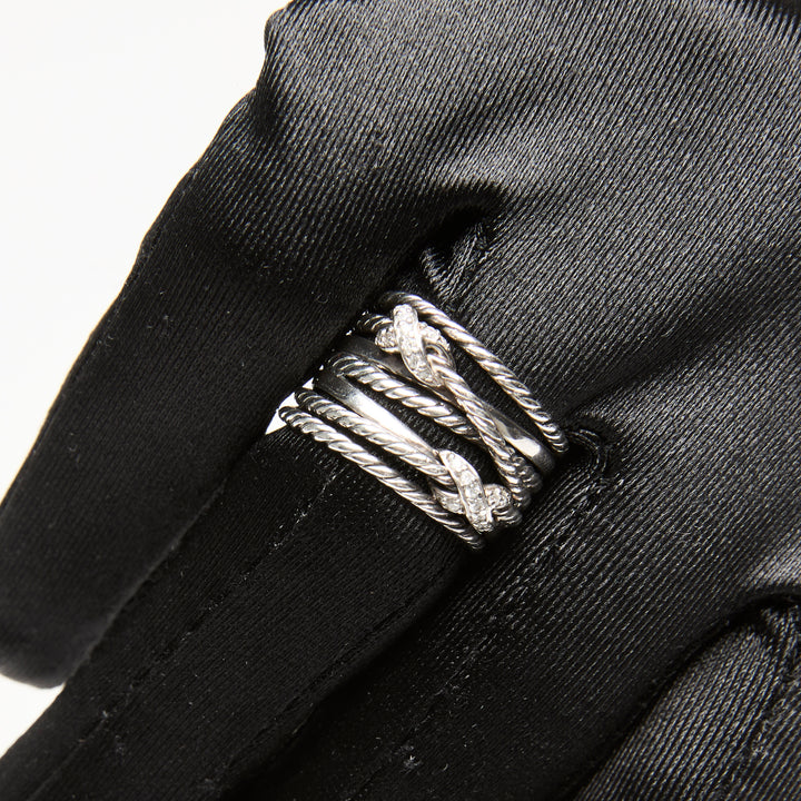 David Yurman Sterling Silver Double X Crossover Pave Diamonds Ring Size 7