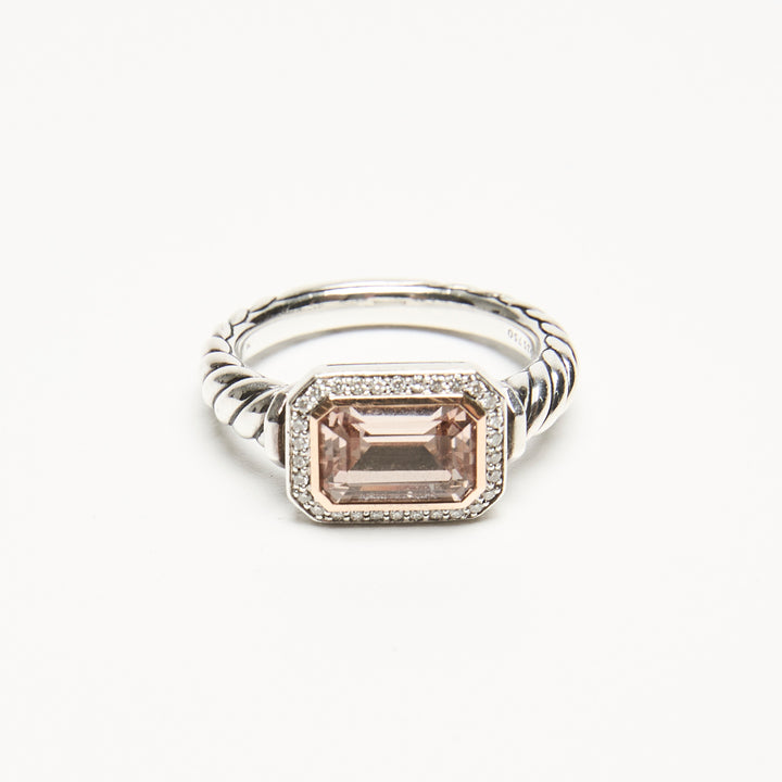 David Yurman Sterling Silver 18k Rose Gold Novella Ring with Diamonds & Morganite Size 56