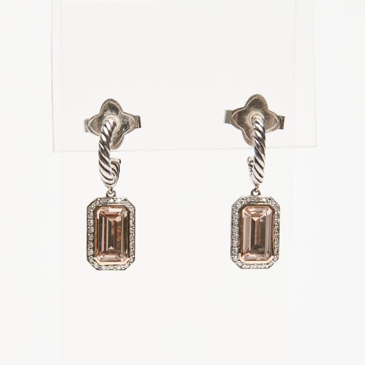 David Yurman Sterling Silver 18k Rose Gold Novella Earrings with Morganite & Diamonds Drop