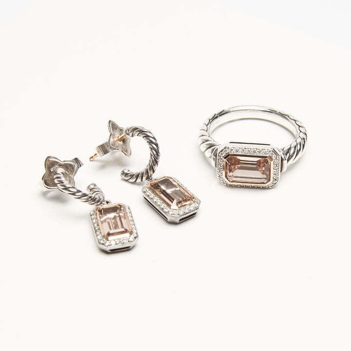 David Yurman Sterling Silver 18k Rose Gold Novella Earrings with Morganite & Diamonds Drop
