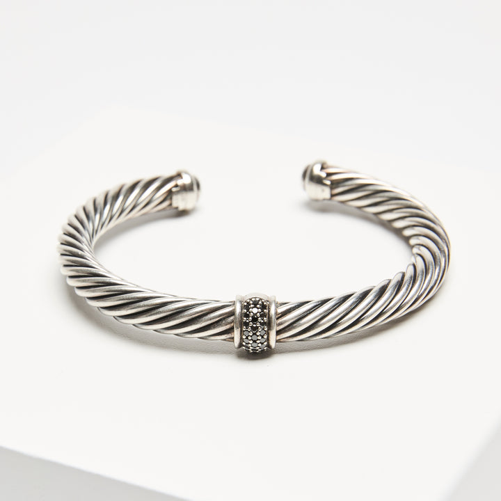 David Yurman Sterling Silver Cable Classic Center Station Bracelet with Pave Black Diamonds