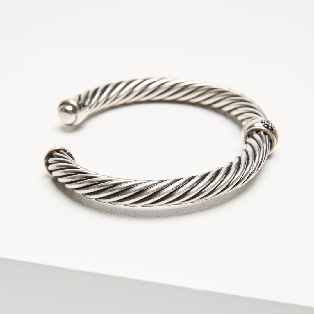 David Yurman Sterling Silver Cable Classic Center Station Bracelet with Pave Black Diamonds