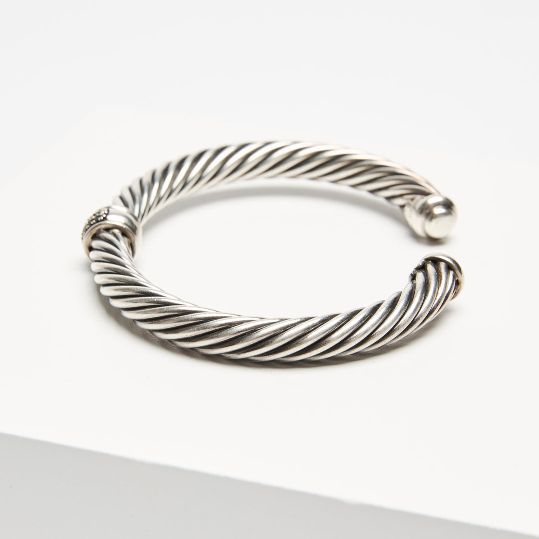 David Yurman Sterling Silver Cable Classic Center Station Bracelet with Pave Black Diamonds